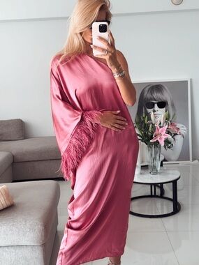 Zara Rose Pink Satin One-Shoulder Feather Sleeve Dress